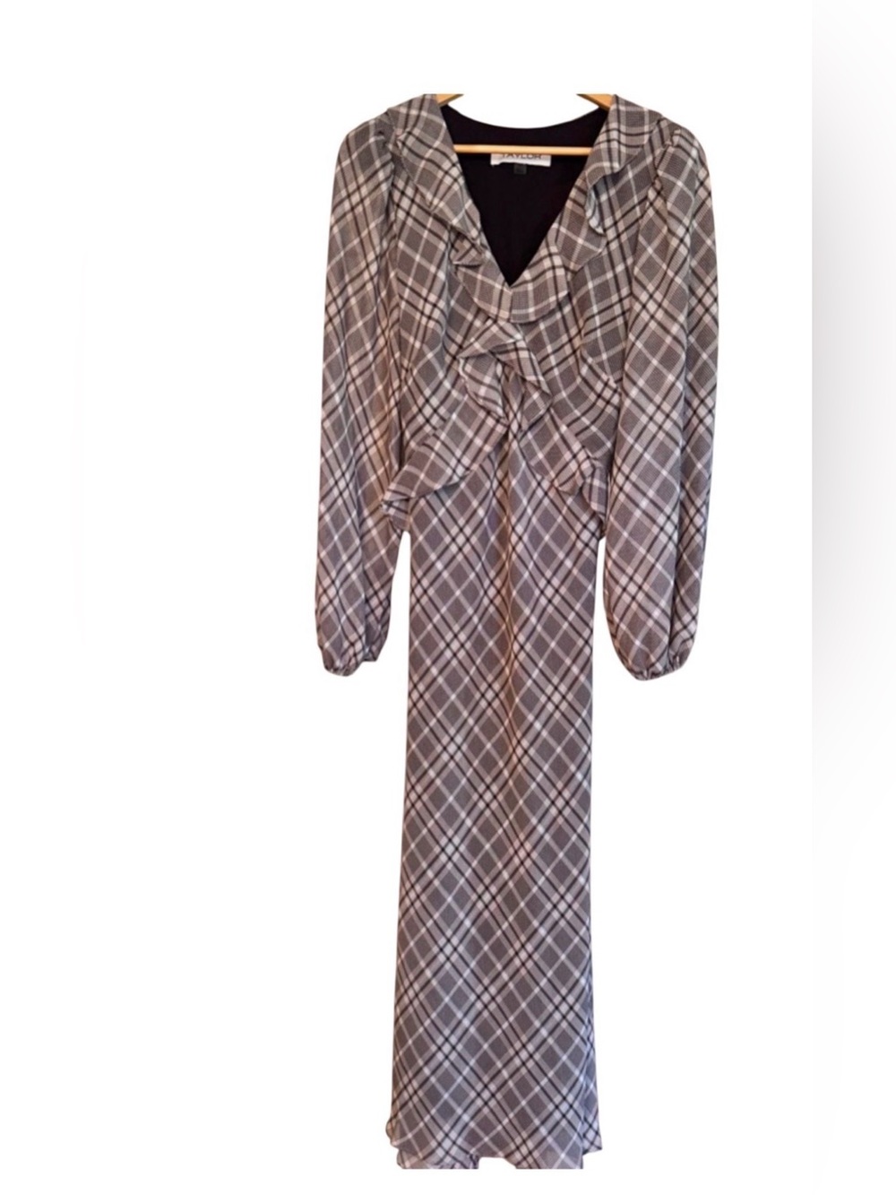 Like New! Taylor Gray Plaid Long Sleeve Ruffles Maxi Dress